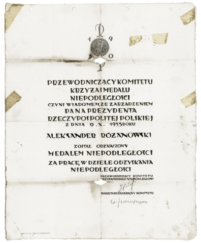 Medal Niepodległości - dyplom